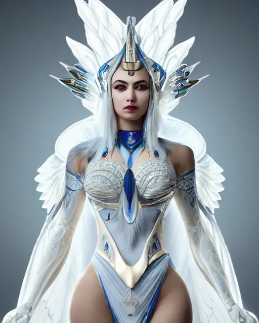 Image similar to perfect ornate white haired attractive egyptian goddess with huge white dove wings, warframe armor, beautiful, symmetric, dreamy, half asian, pretty face, blue eyes, detailed, scifi platform, laboratory, experiment, 4 k, ultra realistic, epic lighting, android body, illuminated, cinematic, masterpiece, art by akihito tsukushi, voidstar