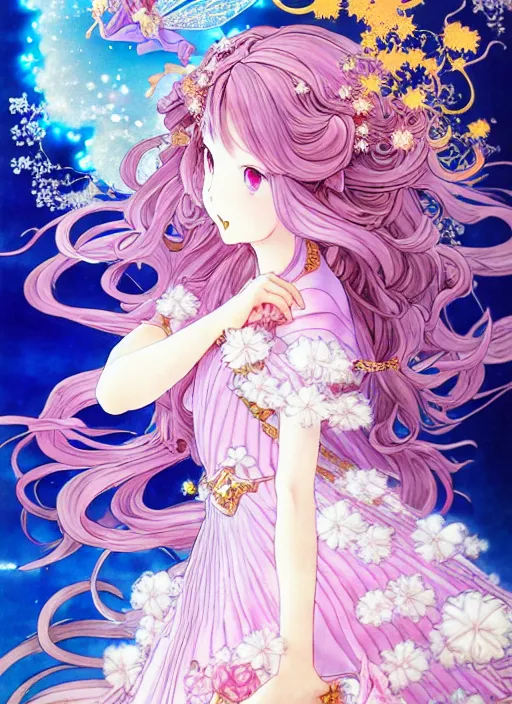 Prompt: exquisite imaginative manga poster of a fairy princess, fate grand order, long wavy hair, rococo ruffles dress, shimmering, by shigenori soejima, minaba hideo, katsuhiro otomo, jump comics, illustration, artstation, dark fantastic, highly detailed, 8 k, fluorescent, fluorescent, maximalist