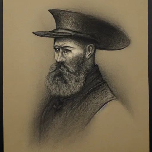 Image similar to charcoal portrait of an early 20th century old austrian gentleman, hat, beard