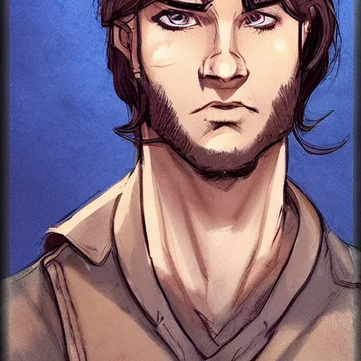 Image similar to a young man with shoulder length brown hair, with a scar on his forehead. blue uniform. serious expression, handsome, rugged, kaladin stormblessed, way of kings, artgerm, portrait, sketch, rpg, dnd