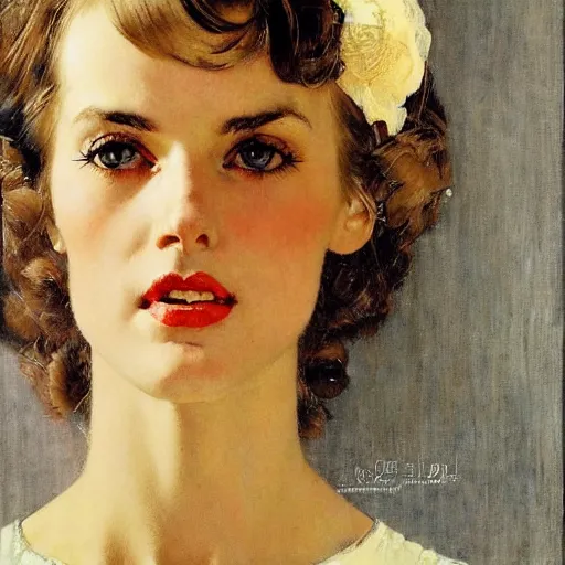 Image similar to portrait of a woman's eye with warm eyes, beautiful and elegant, warm and seductive ， detailed depiction, norman rockwell, jacob collins, tom lovell, frank school