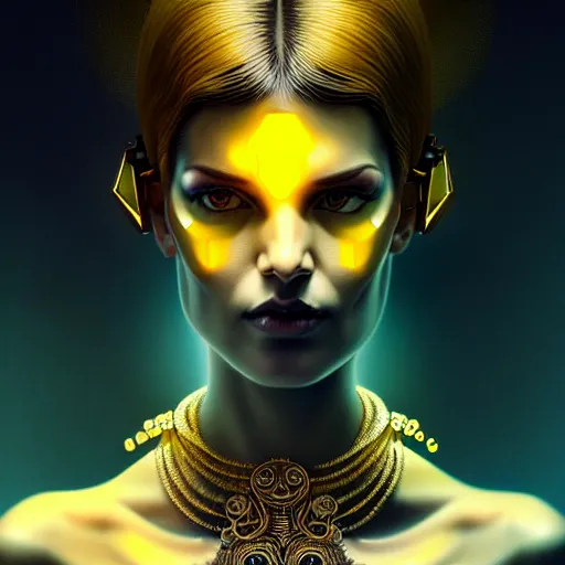 Image similar to woman with extremely large and intricate haircut with angry yellow eyes and slim features looking askance, eye cyberpunk bionics, retro futurist style, intricate, elegant gleaming intricate baroque jewelry, angelic halo, highly detailed, digital painting, artstation, concept art, smooth, sharp focus, illustration, art by wlop, mars ravelo and greg rutkowski,