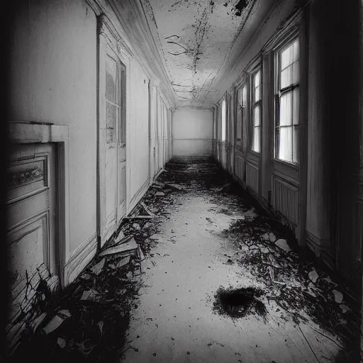 Prompt: unfocused black and white photographs of a ghost in an abandoned asylum | by Daido Moriyama | by Eugene Atget | horror mood | high contrast | terrifying ghost