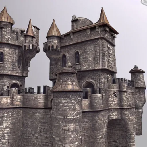 Image similar to steampunk castle, 3d scene, ultra realistic