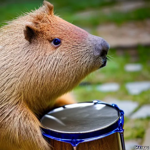 Image similar to high resolution photo of a capybara playing a jazz drum set, wide angle, 2 8 mm