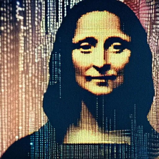 Image similar to cinematic movie still of cybernetic character named Mona Lisa in Neuromancer, futuristic eye implant, cyberpunk, XF IQ4, 150MP, 50mm, F1.4, ISO 200, 1/160s, twilight in the city