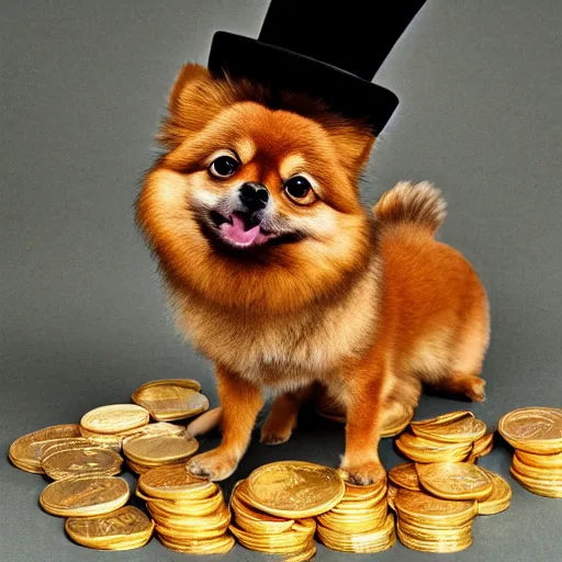 Prompt: a tan pomeranian wearing a top - hat and a monocle and sitting on large pile of featureless gold coins