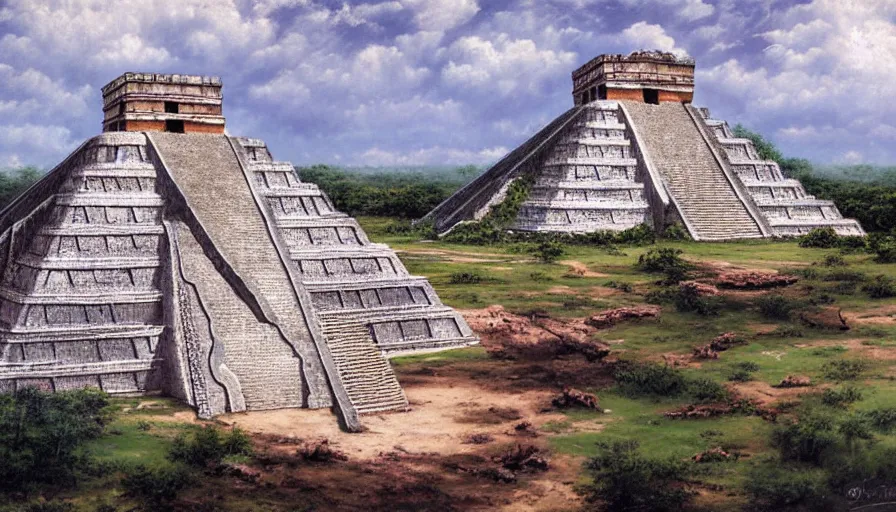 Image similar to excellent painted mayan city Chichen Itza 900 AD in a wide epic beautiful landscape somewhere in mexico with fluffy clouds, painted by Hans Fredrik Gude, Greg Rutkowksi, Craig Mullins and Artgerm, masterpiece, 4k, ultra realistic highly detailed oil painting