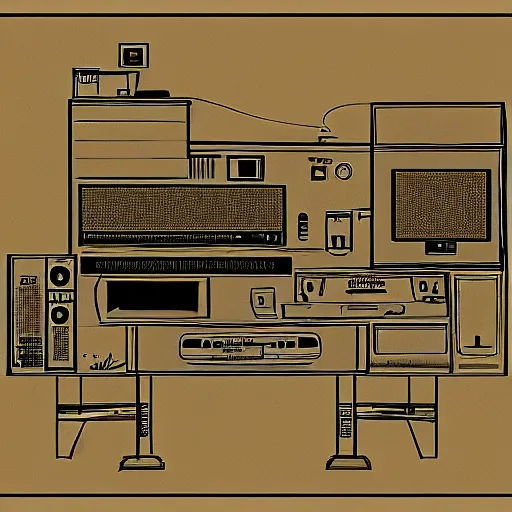 Image similar to old blueprint of gaming computer,high deatil,computer art,concept art