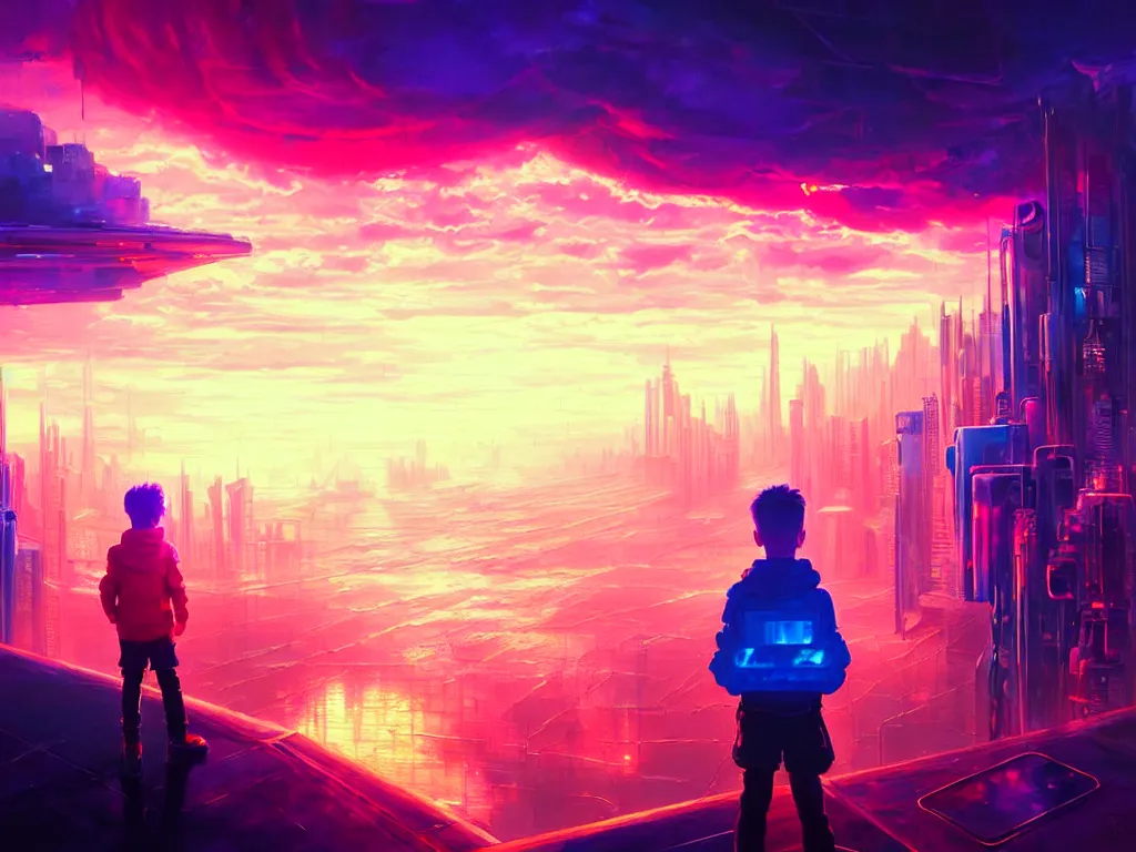 Prompt: a painting of a boy in a crystal box watching a colorful sunrise futuristic city surrounded by clouds, cyberpunk art by yoshitaka amano and alena aenami, cg society contest winner, retrofuturism, matte painting, apocalypse landscape, cityscape