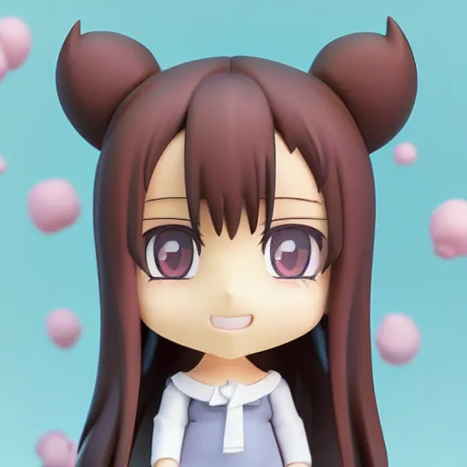 Image similar to character face portrait of a singular kawaii chibi in the sytle of kyoto animation, in simple background, nendoroid eyes, blender, toon rendering