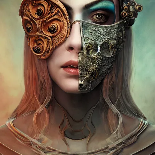 Image similar to Highly detailed central composition studio photography of face with venetian mask, intricate, dystopian, pulp sci-fi, extremely detailed, digital painting, artstation, concept art, smooth, sharp focus, illustration, intimidating lighting, incredible art by Anna Dittmann and Anton Pieck and Vincent di Fate