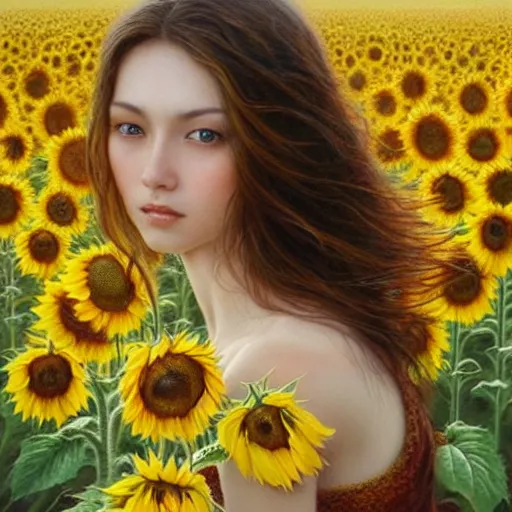 Prompt: a girl slowly walking through amazing tall sunflower field, hair flowing, early morning lighting, elegant, subtle, intricate details, face!, real masterpiece, oil on canvas, by karol bak, ayami kojima, artgerm, smile, concept art, fantasy