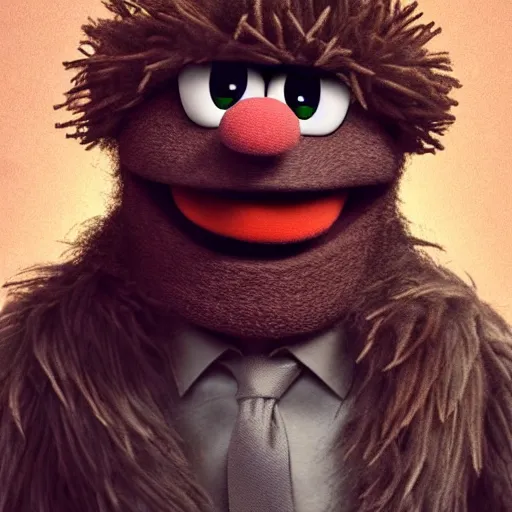 Image similar to a still of a forgotten muppet character looking very manly and modern, hilarious, laughing, hairy chest, huge chin, manly monster tough guy, roughled fur, photo real, photographic, photograph, artstation, trending, featured