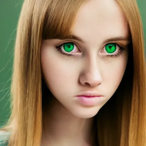 Image similar to brunette with dyed blonde hair, 18 years old, 155 cm tall, flat ironed hair, green big eyes, small nose, small mouth, round shaped face, big forehead, lop eared, full body shot, thin eyebrows, real life photograph