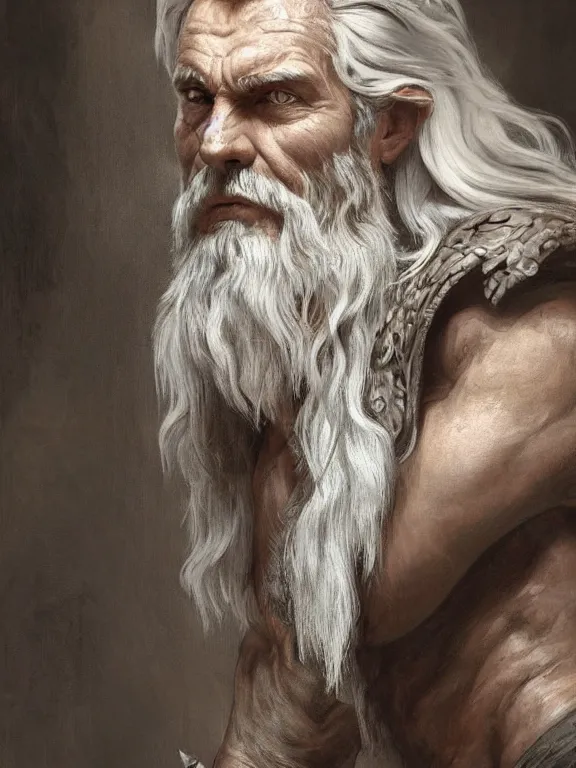 Image similar to painted portrait of rugged odin, god of war, norse god, white hair, masculine, mature, handsome, upper body, grey and silver, muscular, hairy torso, fantasy, intricate, muscular, elegant, highly detailed, digital painting, artstation, concept art, smooth, sharp focus, illustration, art by gaston bussiere and alphonse mucha