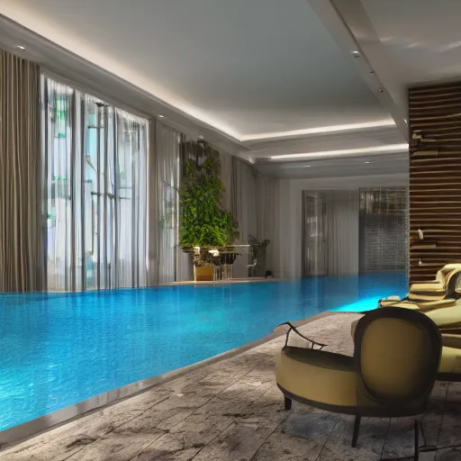 Image similar to realistic luxury hotel lobby interior in miami with pools in the background, corona render, detailed