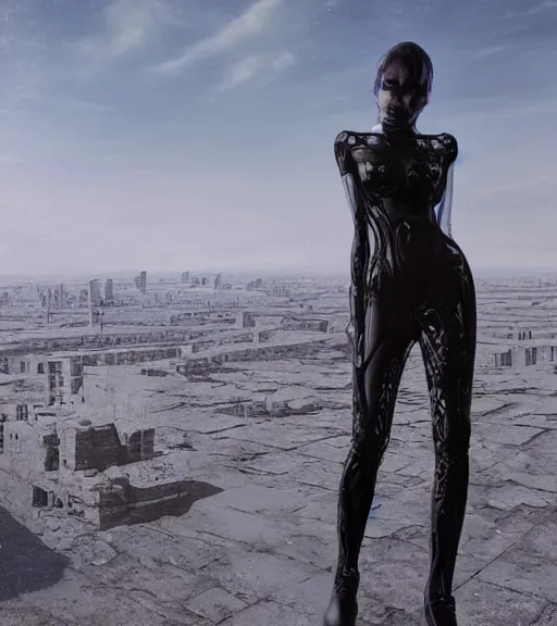 Prompt: tarkovsky's greatest scene, the ancient destroyed majestic tower of babylon, woman in a gantz o suit, futuristic cyber clothing, transparent puffer jacket, hyperrealistic, blockchain, cyber world, ambient lighting, concept art, intricate suit, hyper detailed, smooth, dynamic volumetric lighting, octane, ray trace, cinematic, high quality, cgsociety