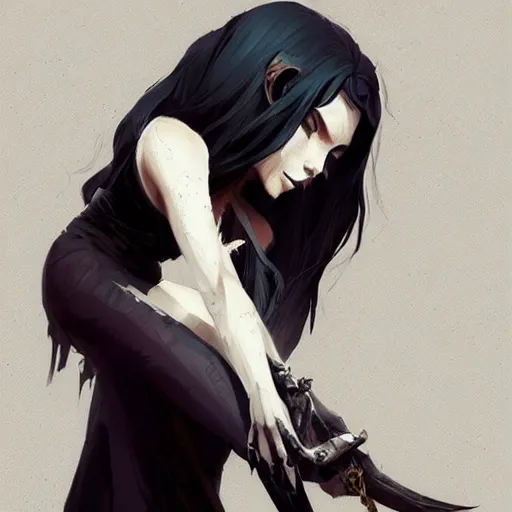 Image similar to female human vampire witch in the style of greg rutkowski, makoto shinkai, trending on artstation, character design, concept art, pretty face, highly detailed, long black hair, portrait, digital art