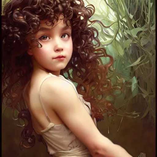 Image similar to a picture of a little girl with curly hair being very overdramatic, painting by artgerm and greg rutkowski and alphonse mucha