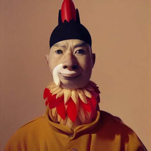 Image similar to scary portrait of an asian man dressed as a chicken, the chicken man, man dressed as a chicken, highly detailed painting by sergey kolesov, 8 k, man dressed as a chicken