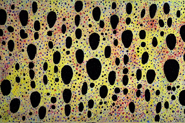 Image similar to teeth, smile, faceless people, black figures, dark, acrylic, clay, dots abstract, dripping, stipple, pointillism, technical, abstract, minimal, style of francis bacon, asymmetry, pulled apart, stretch, cloak, eerie, made of dots, abstraction chemicals, blotter, mask, colored dots, splotch, old painting style