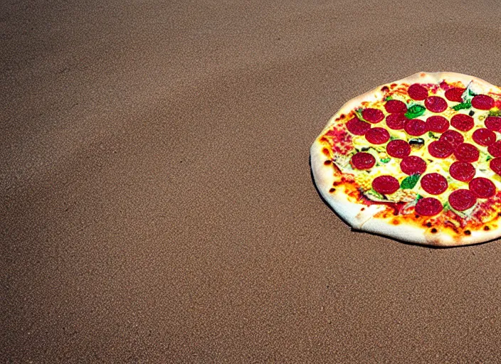 Image similar to clear highly detailed photorealistic food photograph of a pizza salamr with a mikasa beach volleyball next to lying in beach sand