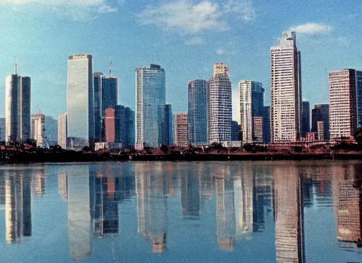 Prompt: retro color photo of a city skyline in the 8 0's. reflections in the water