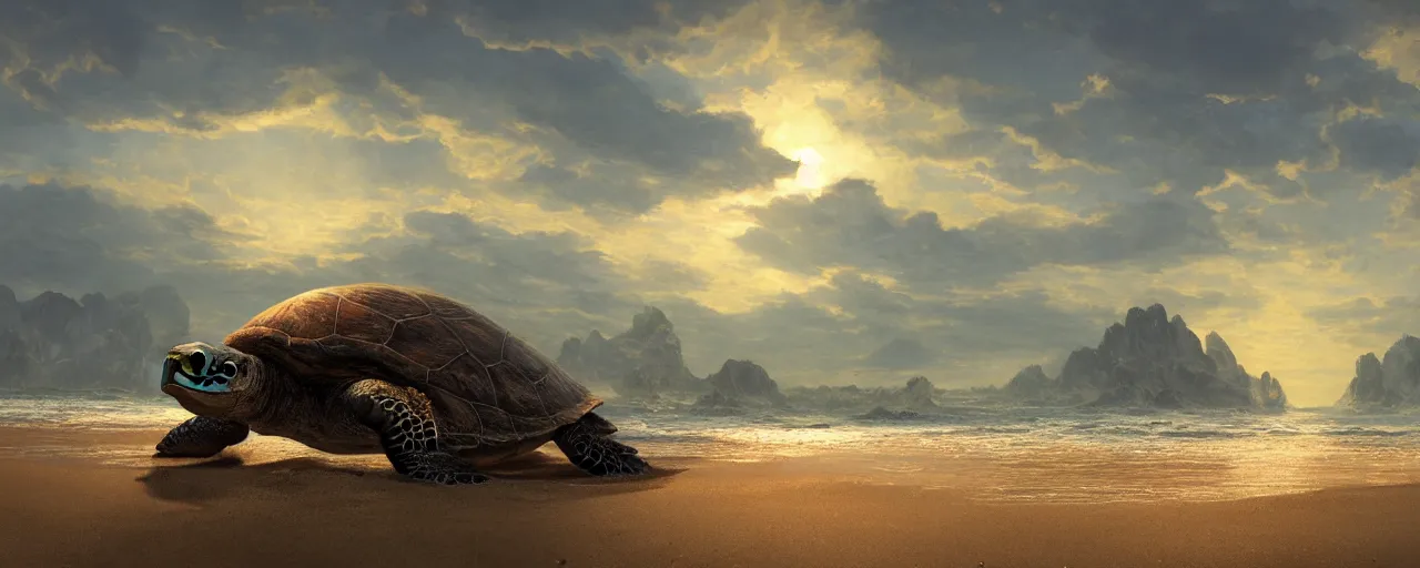 Prompt: turtle on beach, beautiful dynamic lighting, cinematic, wide angle establishing shot, extremely high detail, photo realistic, cinematic lighting, post processed, concept art, artstation, matte painting, style by frederic church, raphael lacoste, unreal engine 8k