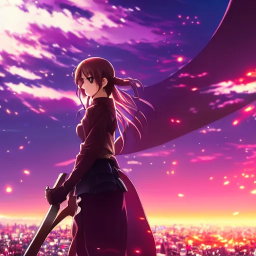 Prompt: emma watson in heavens feel movie, tokyo, ufotable, kyoani, high quality, key visual, cinematic, city background, night time, rooftop, fate stay night, unlimited blade works, greg rutkowski, high resolution, dynamic pose, extreme close up, street clothes, anime, high budget