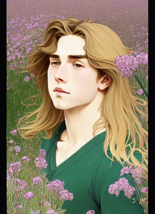 Image similar to pretty young man with shoulder length blond hair, male, half body shot, flower pattern background, path traced, highly detailed, high quality, digital painting, by studio ghibli and alphonse mucha, leesha hannigan, hidari, art nouveau, chiho aoshima, jules bastien - lepage