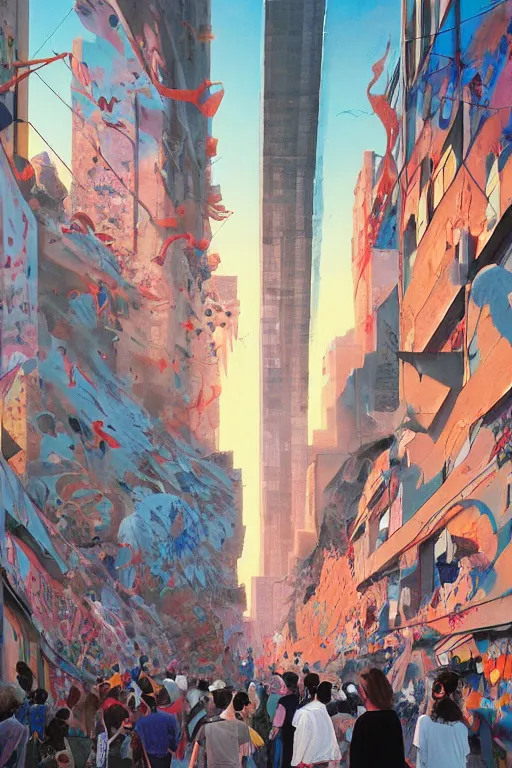 Prompt: people in a busy city people looking at a white building covered with a 3d graffiti mural with paint dripping down to the floor, professional illustration by hiroshi yoshida, painterly, yoshitaka Amano, artgerm, moebius, loish, painterly, and james jean, illustration, sunset lighting