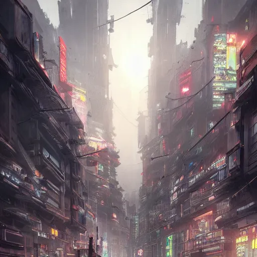 Image similar to a realistic picture of a futuristic cyberpunk city by hubert robert, trending on artstation