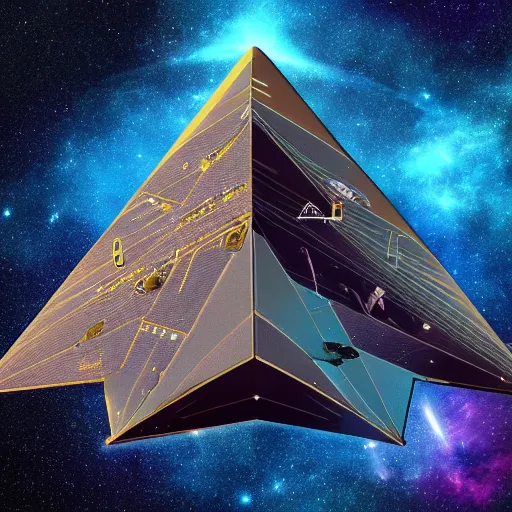 Prompt: pyramid - shaped spacecraft flying through the cosmos, stars, nebula, high detail, realism, cinematic