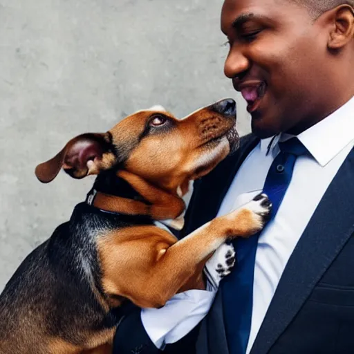 Image similar to a photo of a dog in a suit riding a black man, 4 k