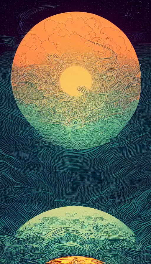 Image similar to supermoon floating on cosmic maelstrom sunset sky, futurism, dan mumford, victo ngai, kilian eng, da vinci, josan gonzalez