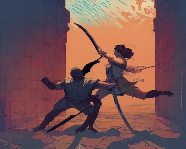 Image similar to a beautiful maiden sword fighting a big burly man, digital art, illustrated by james gurney and victo ngai