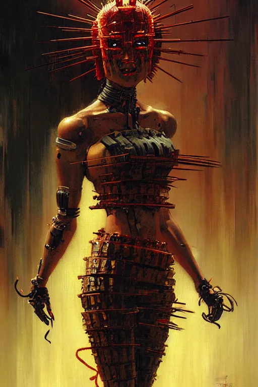 Image similar to geisha cyborg hellraiser painting by gaston bussiere, craig mullins, greg rutkowski, yoji shinkawa