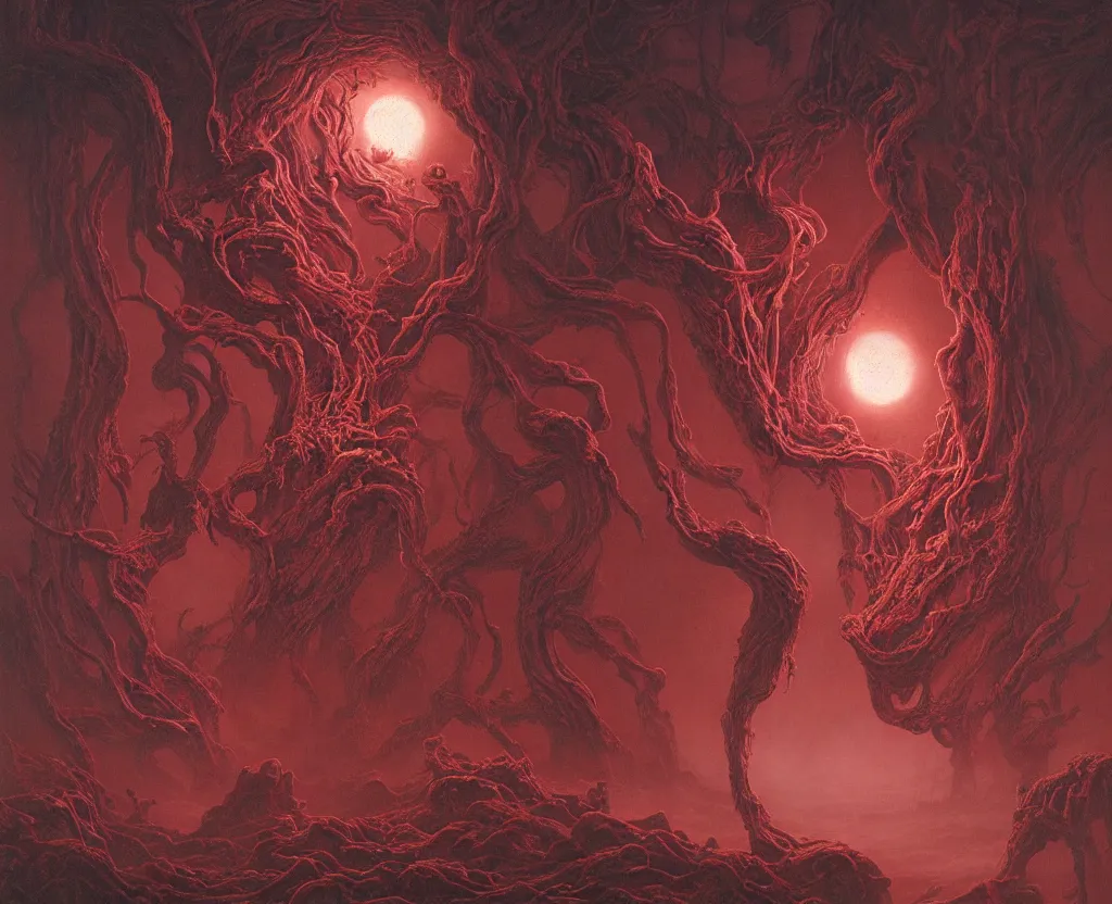 Image similar to The nightmarish cosmic horrors full of indescribable phenomena and blood red spirals, horror, cosmic horror, cinematic, cinematic lighting, by Zdzisław Beksiński and Greg Rutkowski, highly detailed, realistic, 8k
