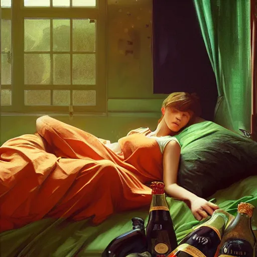 Image similar to young man in orange shirt and a girl in green shirt sleeping in bed close to guinness bottles highly detailed, digital painting, artstation, concept art, smooth, sharp focus, illustration, art by artgerm and greg rutkowski and alphonse mucha