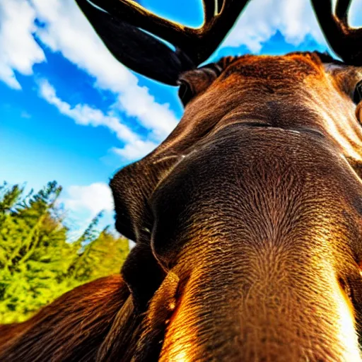 Prompt: close - up fisheye photo of a moose nose