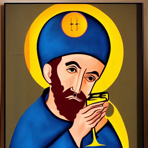 Image similar to pop art of an Orthodox monk drinking wine