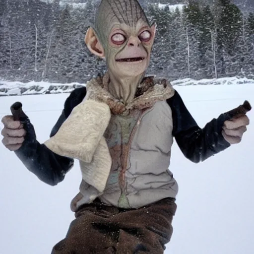 Prompt: Gollum on snowboard with sigarette