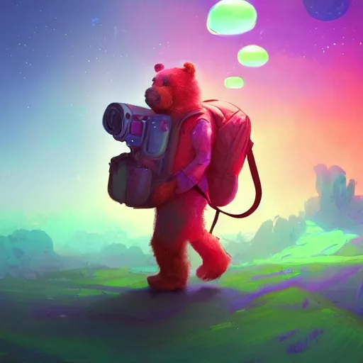 Prompt: a beautiful colorful interesting detailed sci-fi storybook fantasy scene of a teddy bear wearing a backpack walking through Wonderland, magic the gathering, Marc Simonetti and Anato Finnstark, neon pastel color palette, vibrant 8k rendering, Pixar concept art, trending on artstation HQ