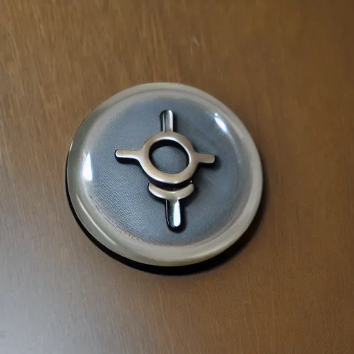 Image similar to transhumanism, metal badge with a hair clip