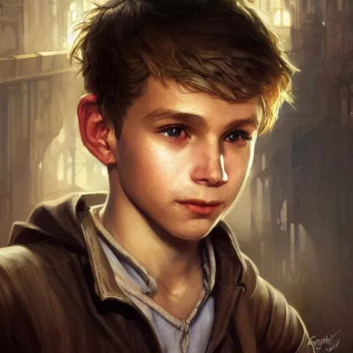 Image similar to portrait of a young boy fantasy thief in the slums of a fantasy city, dirty blonde hair, d & d, fantasy, joyful smirk, intricate, elegant, highly detailed, digital painting, artstation, concept art, matte, sharp focus, illustration, art by artgerm and greg rutkowski and alphonse mucha