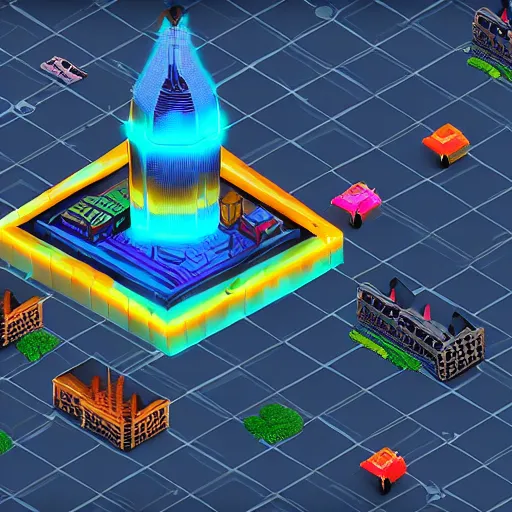 Image similar to Isometric game, 4k, dramatic lighting, unreal engine, fake city for nuclear tests, bright colors