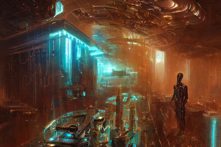 Image similar to A neofuturistic very highly detailed cyborg god with very highly detailed face in the African ghetto bar in a very highly detailed solarpunk sci-fi city digital rational painting art by Greg Rutkowski, sci-fi highly detailed, digital concept art, Dimensional cyan gold natural light, sharp focus, Golden Ratio illustration, realistic concept art by Stephen Hickman and James Gurney and Hiromasa Ogura Ghost in the Shell rendered in Octane Render, From the distance