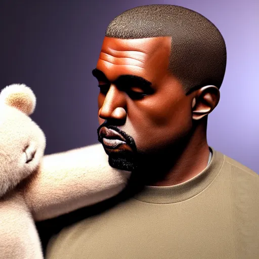 Prompt: 3d render of Kanye West holding a light-brown teddy bear in his arms, highly detailed, HD, 4k, 8k, Canon 300mm, professional, 40mp