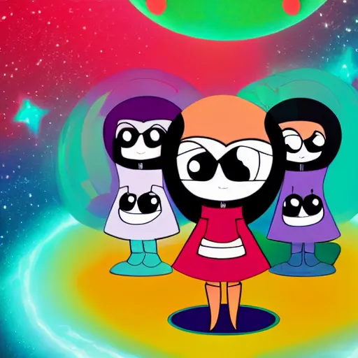 Image similar to Liminal space in outer space, Powerpuff Girls style